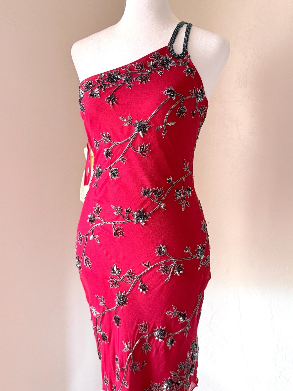 NWT Vintage Scala 1990s Red Silk One Shoulder Beaded Asymmetrical Midi Dress S