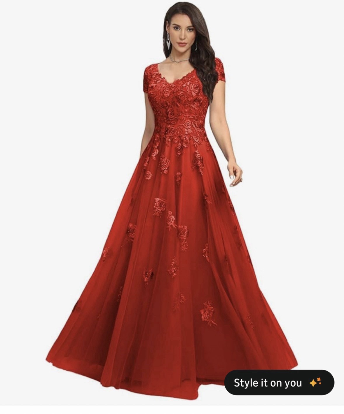 Women’s Red Floral Lace Embroidered V-Neck Short Sleeve Long Formal Gown
