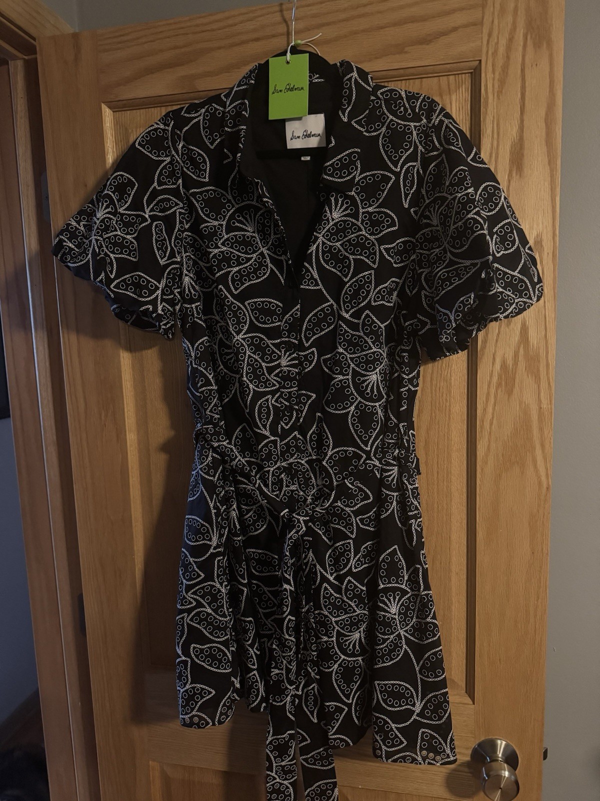 NWT Sam Edelman Short Puff Sleeve Eyelet Two Tone Dress Black White Belt Size 14