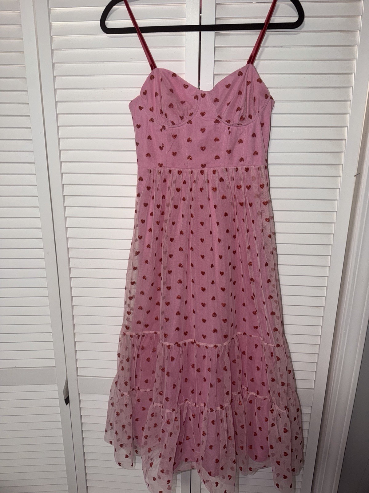 Betsey Johnson Pink Mesh Tulle Red Hearts Corset Tiered Midi Dress Sz 4 Whimsy
