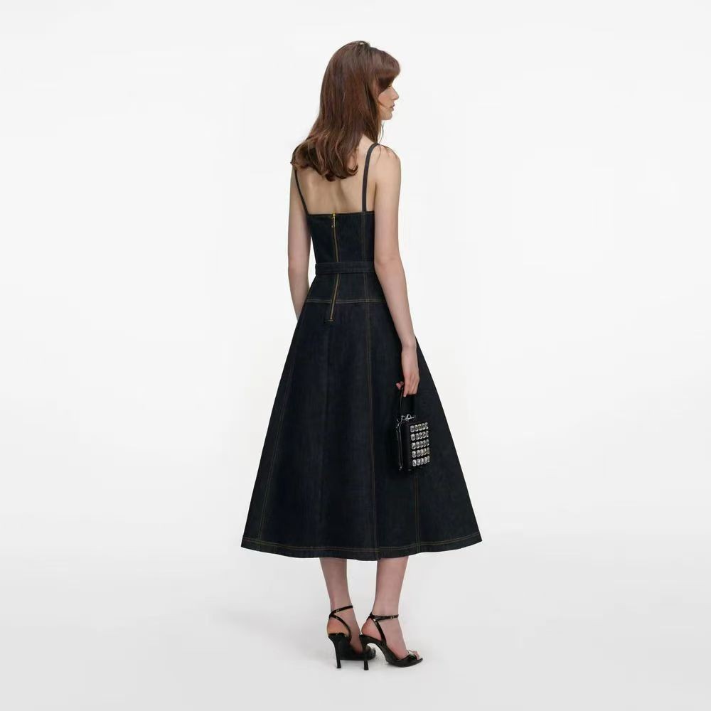 Self-Portrait Dark blue denim dress Pocket Belts Strapless long Dresses