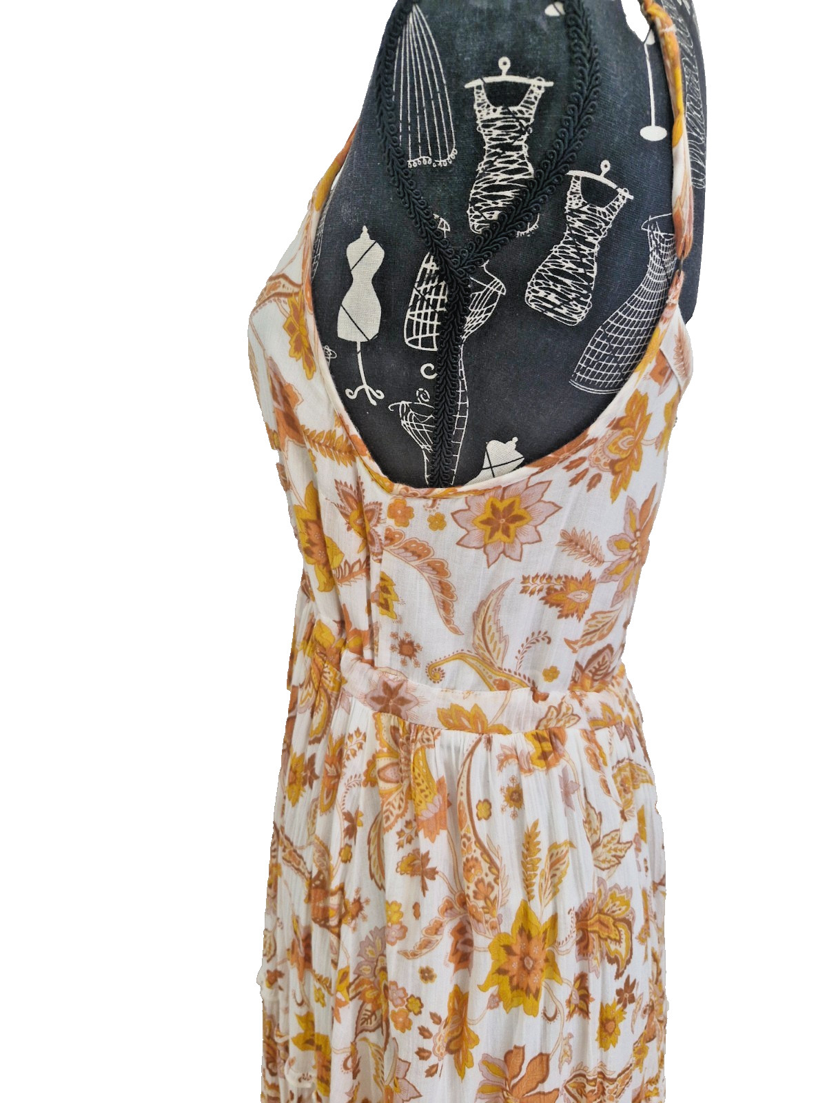 Ghanda Cotton Midi Dress Womens S White Orange Floral Button Tie Waist