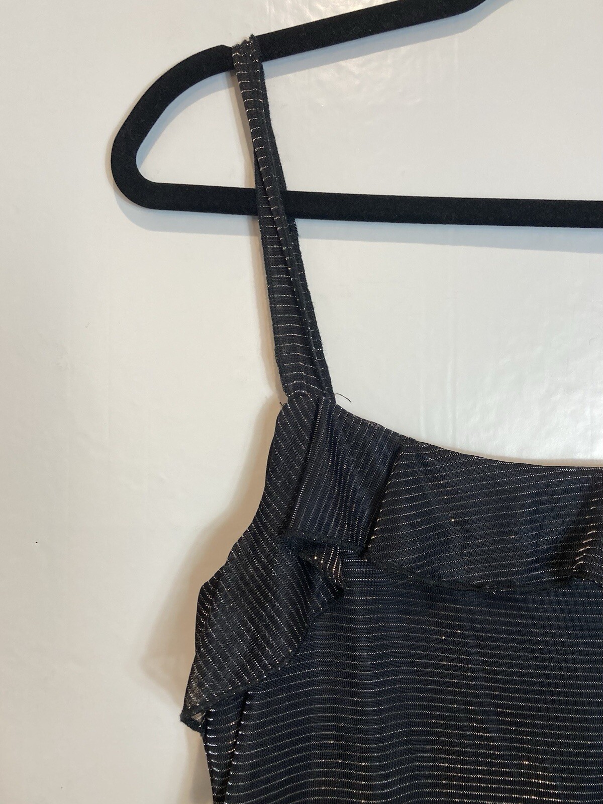Vintage Fashion Bug Black Metallic Striped Slip Dress Size 12 Ruffle Hem 90s