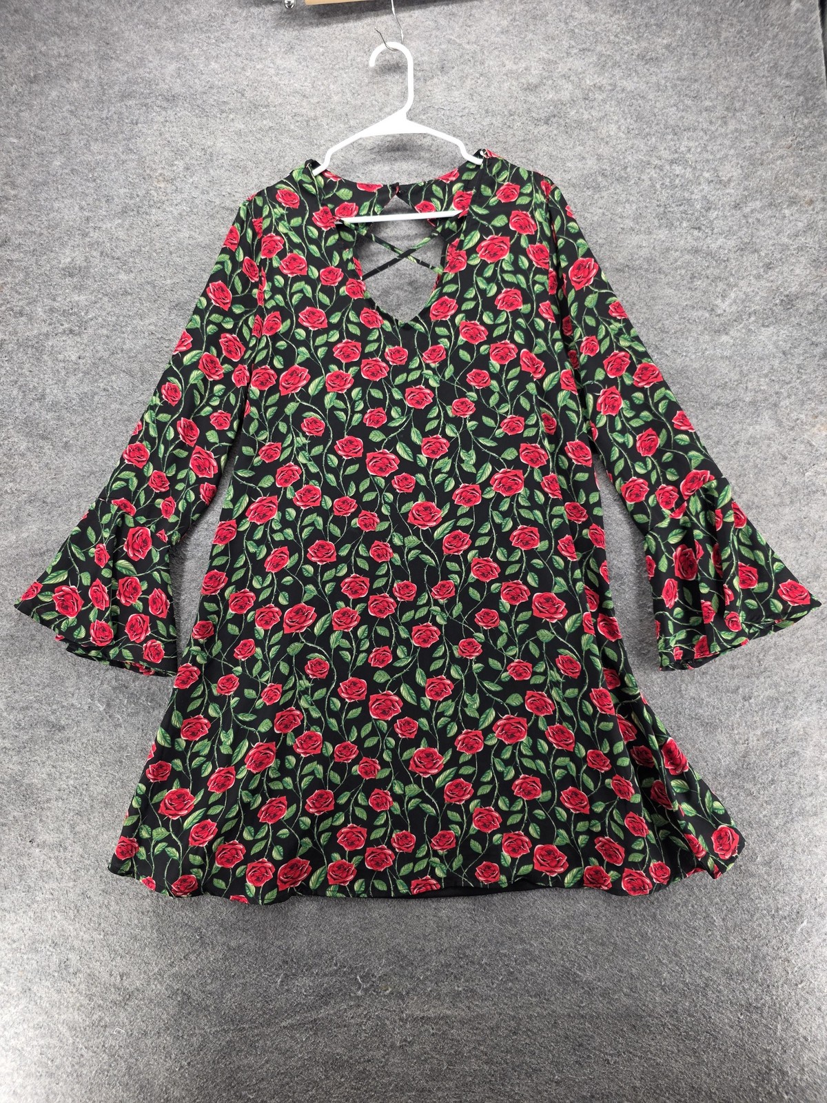 Disney Dress Womens XL Black Fit & Flare V-Neck Bell Sleeve Floral Snow White