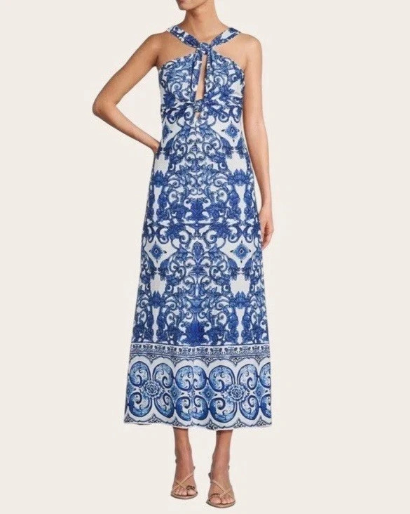 New Antonio Melani Bronwyn Blue Tile Print Linen Halter Maxi Dress SZ 10 ALine