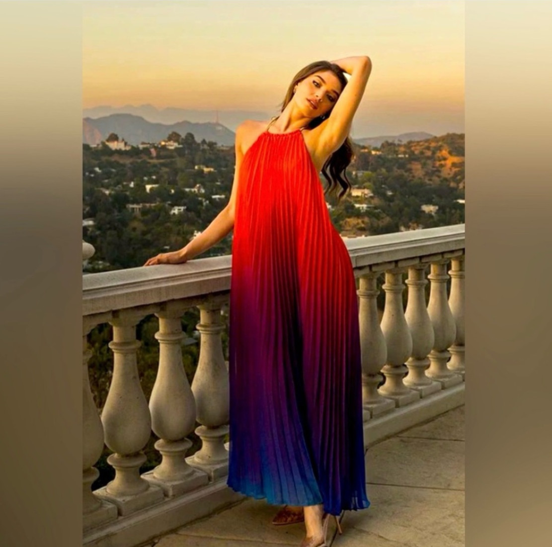 ChicWish Ombre Gradient Sunset Halter Pleated Maxi Dress Size M/L