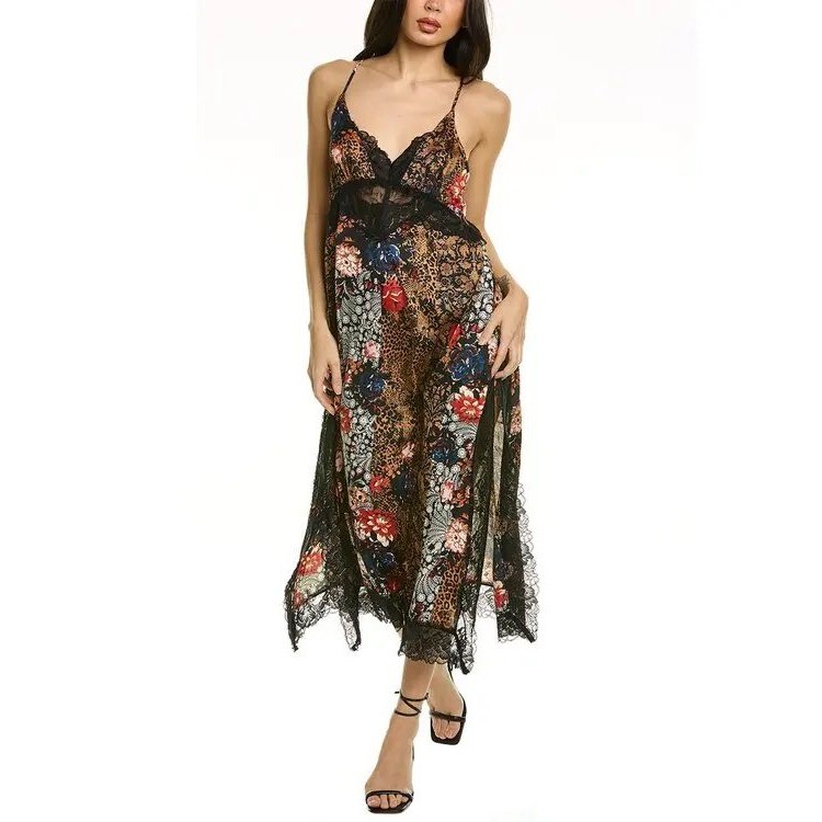 NEW Free People Intimately Mixed Print Lace Slip Dress Black Floral Leopard Sm