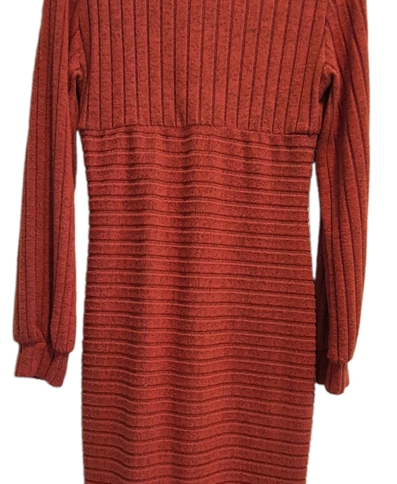 Women’s Orange Solid Ribbed Knit V-Neck Long Sleeve Stretch Midi Sweater Dress