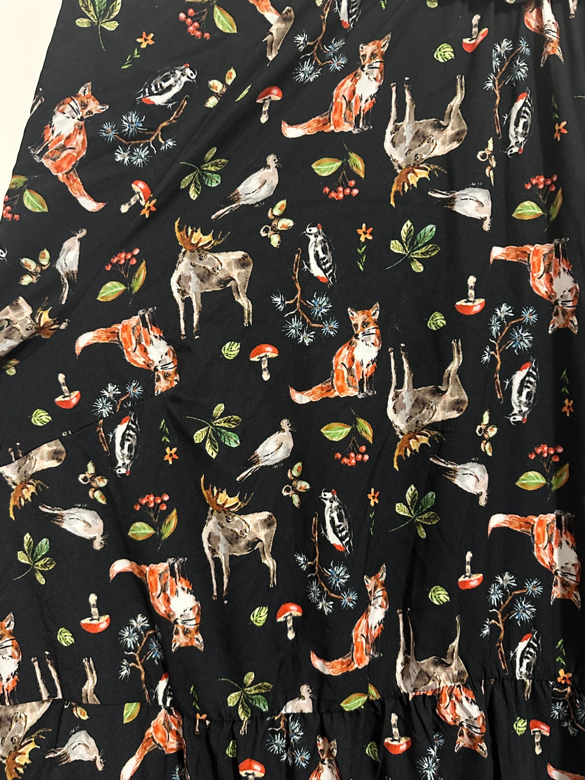 New Womens Eloquii Dress Size 26 Plus Black Woodland Animals Fox Moose Ruffles