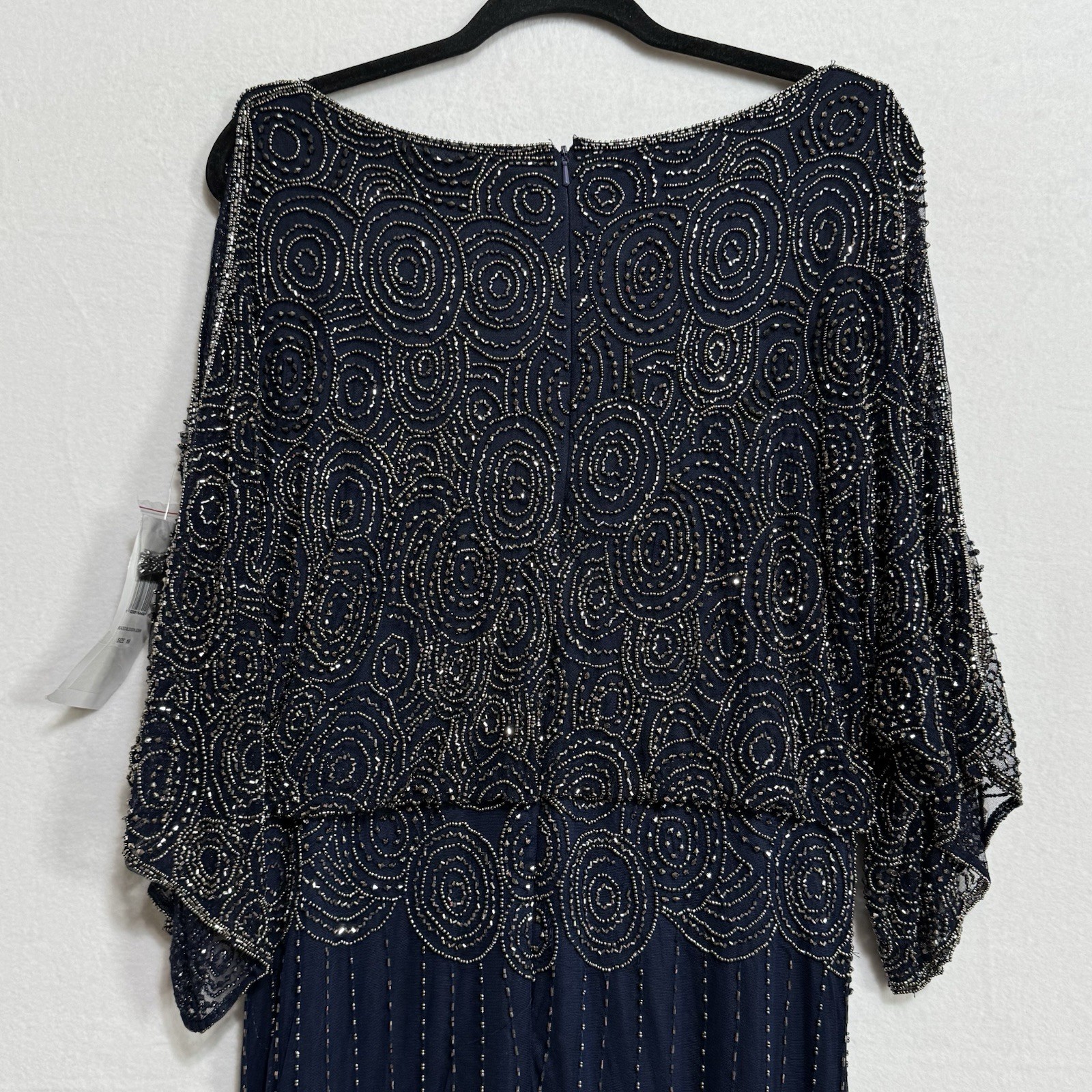 Pisarro Nights Size 16 Beads Blouson Gown Cold Shoulder 3/4 Split Sleeve NavyNWT