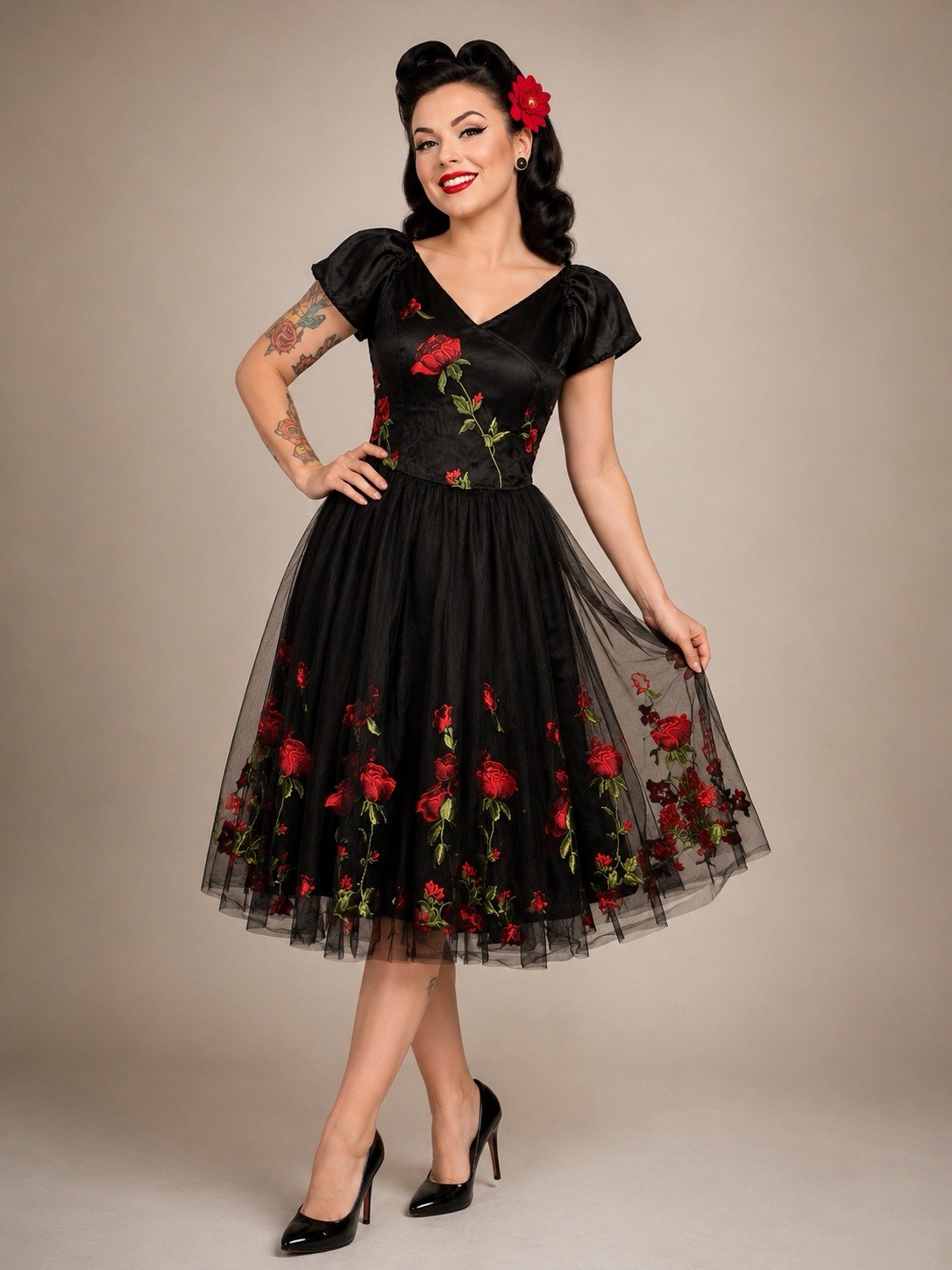 Vintage 50s Style Black Embroidered Fit Flare Dress Womens L Rockabilly Pin Up