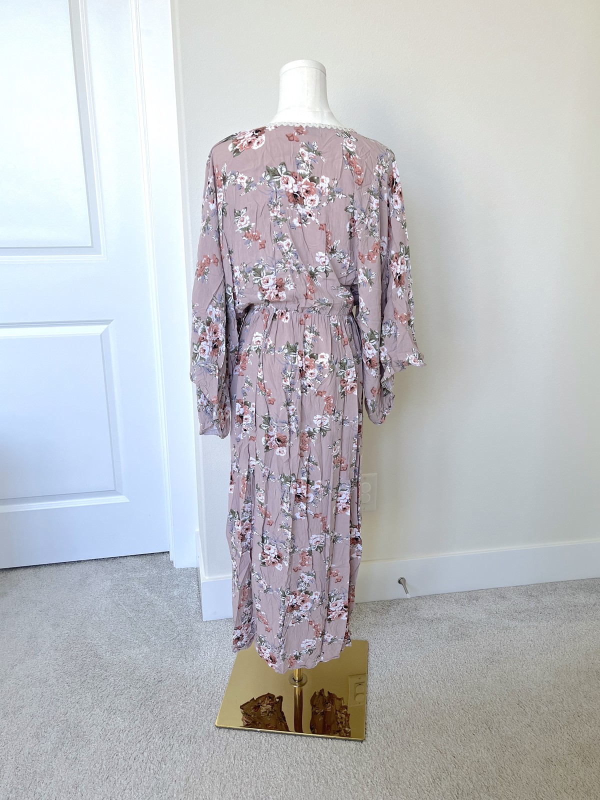 Prairie Cottagecore Oversized Kimono Style Floral Dusty Mauve Maxi Slit Dress