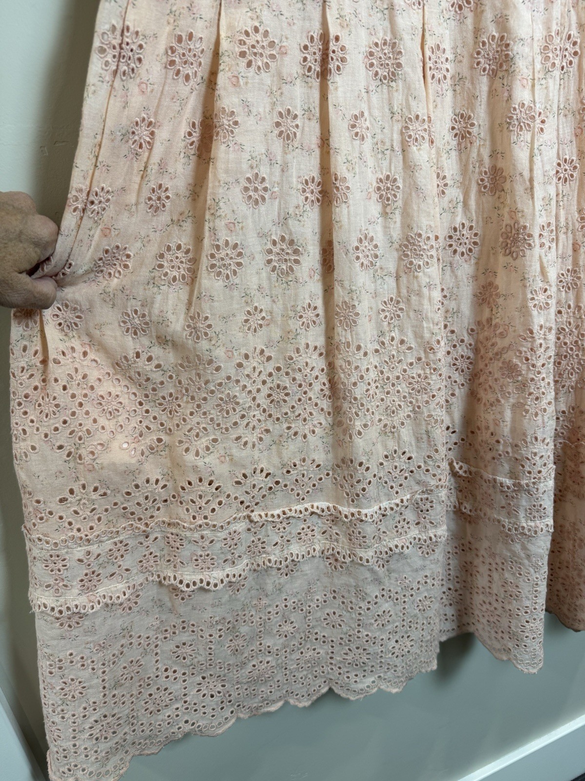 LoveShackFancy Helena Pink Eyelet Floral Square Neck Puff Sleeve Maxi Dress SZ 8