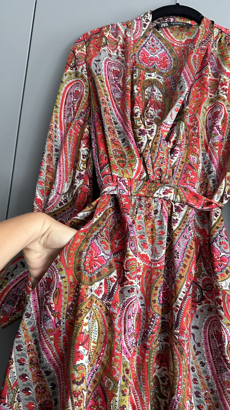 Zara bohemian paisley faux wrap satin midi dress long sleeve