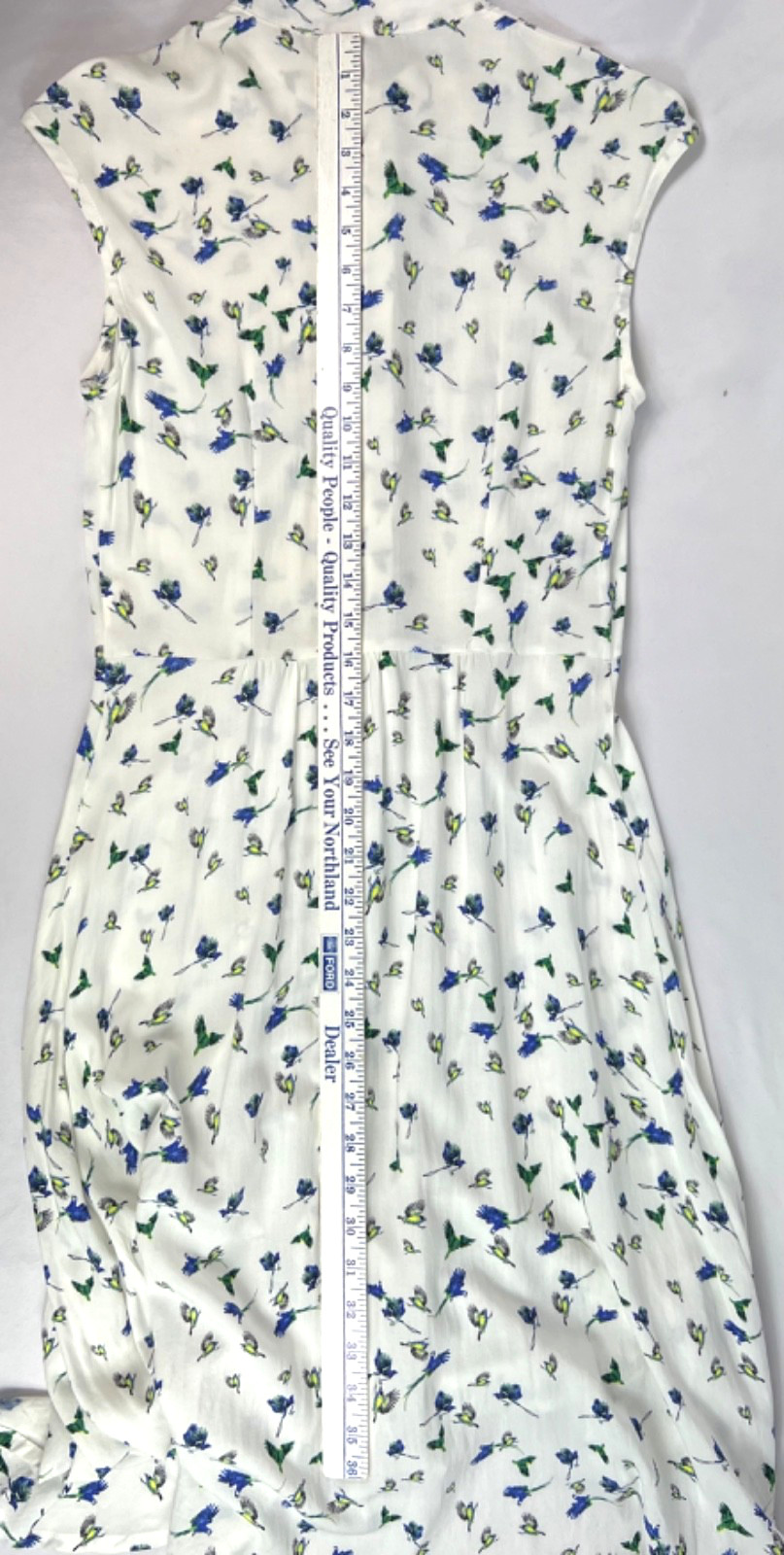 MIDINETTE Dress S? White/Blue Birds Cap Sleeves Stand-up Collar Half Dome Button