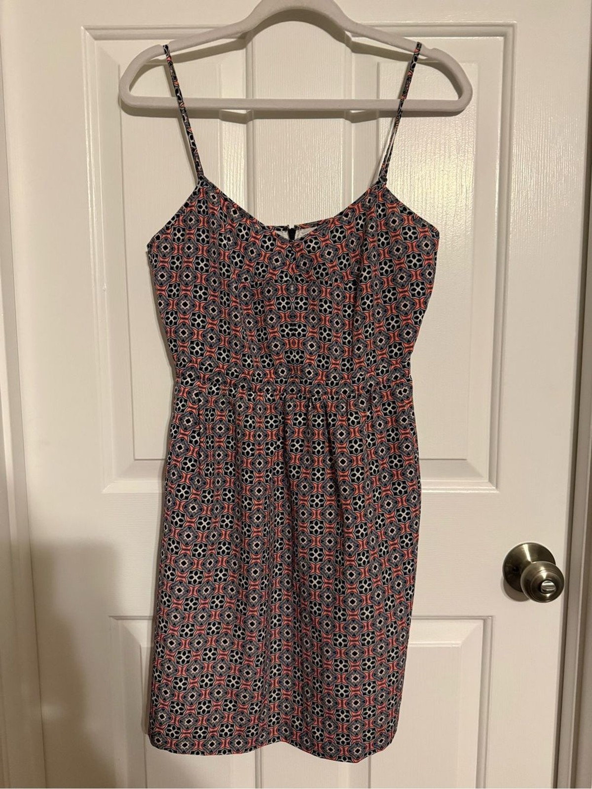 J.Crew Printed Seaside Cami Dress Size 4 Geo Tile Coral Navy Pocket Sundress