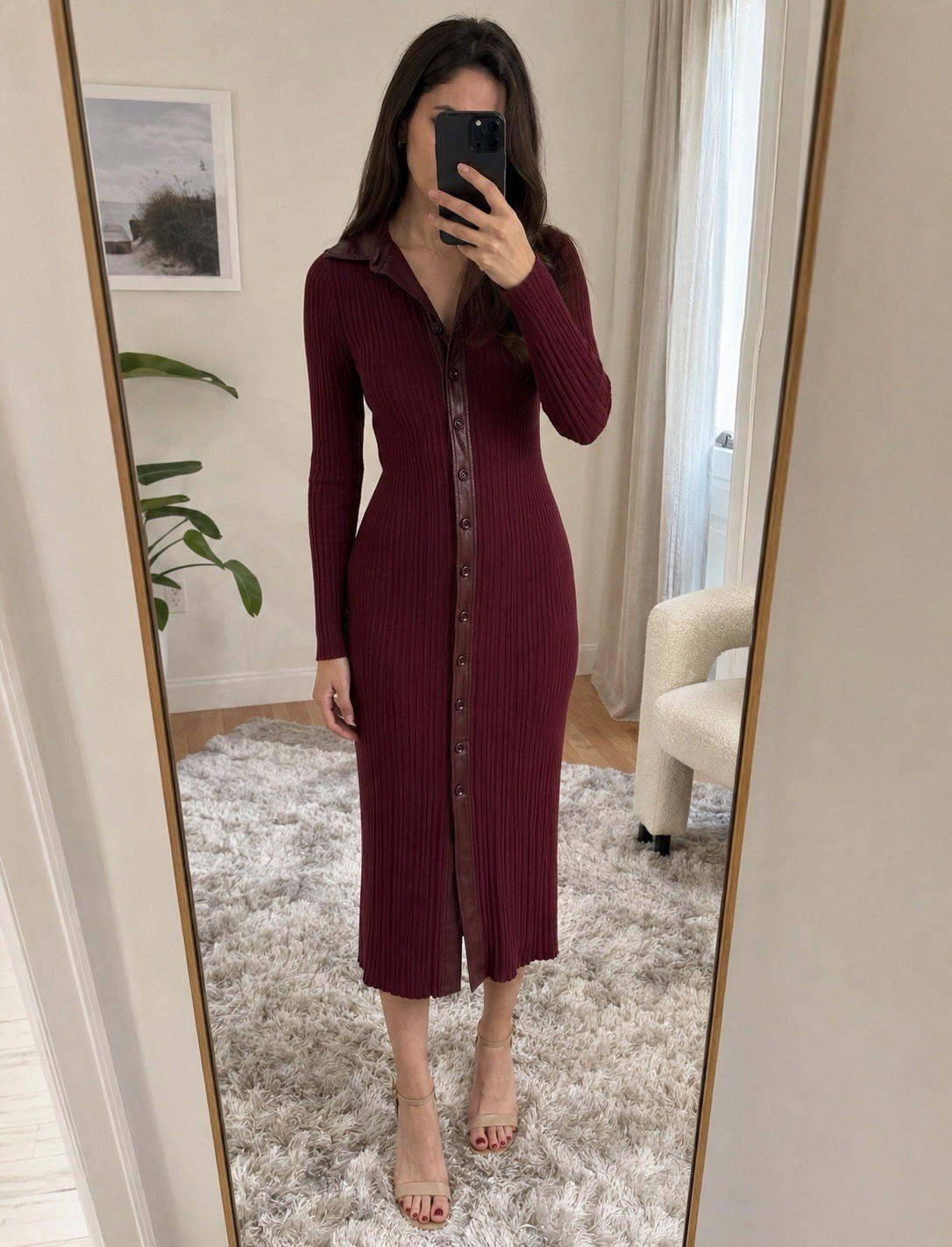 Toccin x RTR Burgundy Ribbed Knit Collared Button Front Midi Shirt Dress L