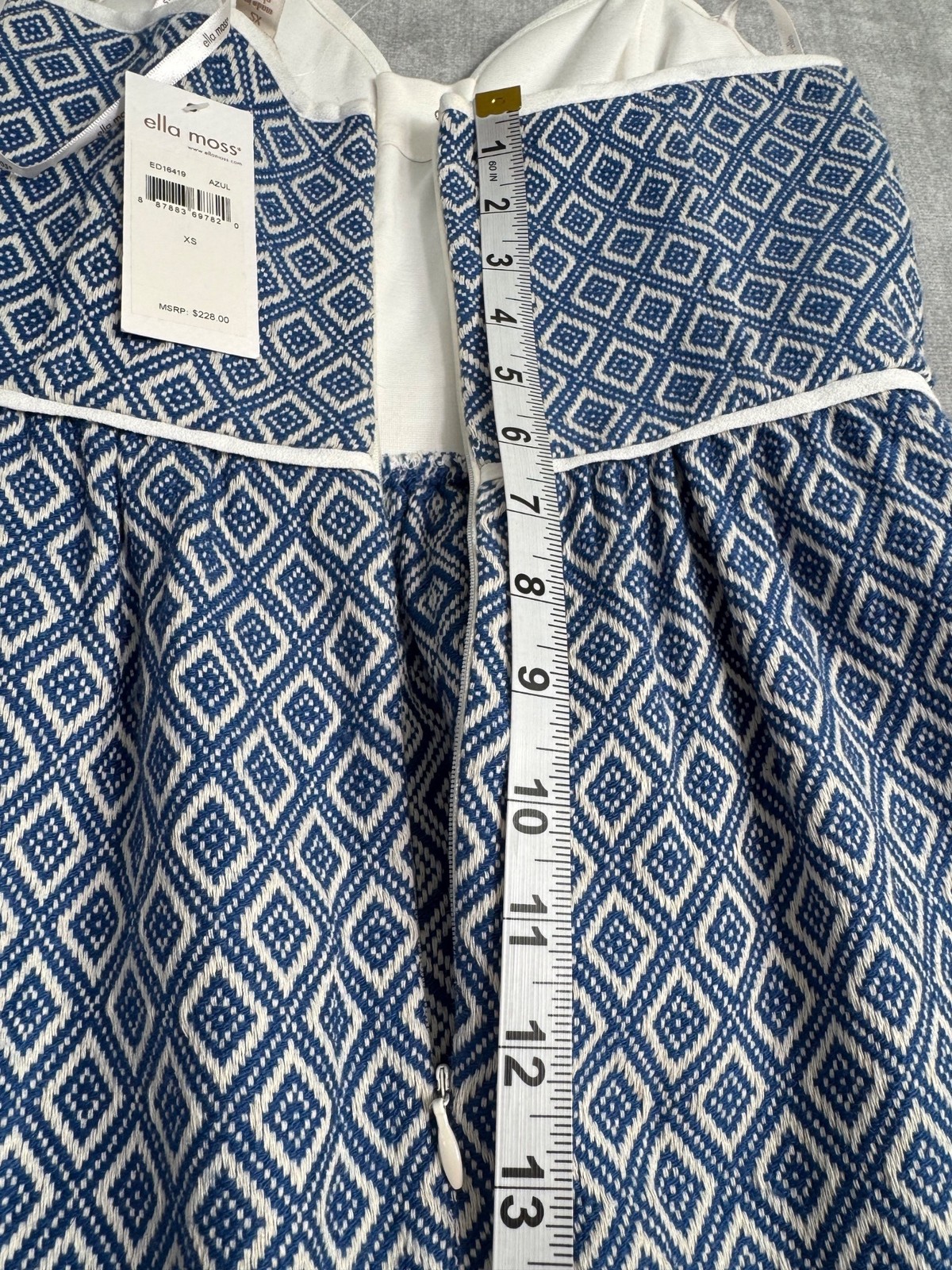 Ella Moss Blue White Diamond Print Strapless Dress S Fit & Flare Cotton Blend