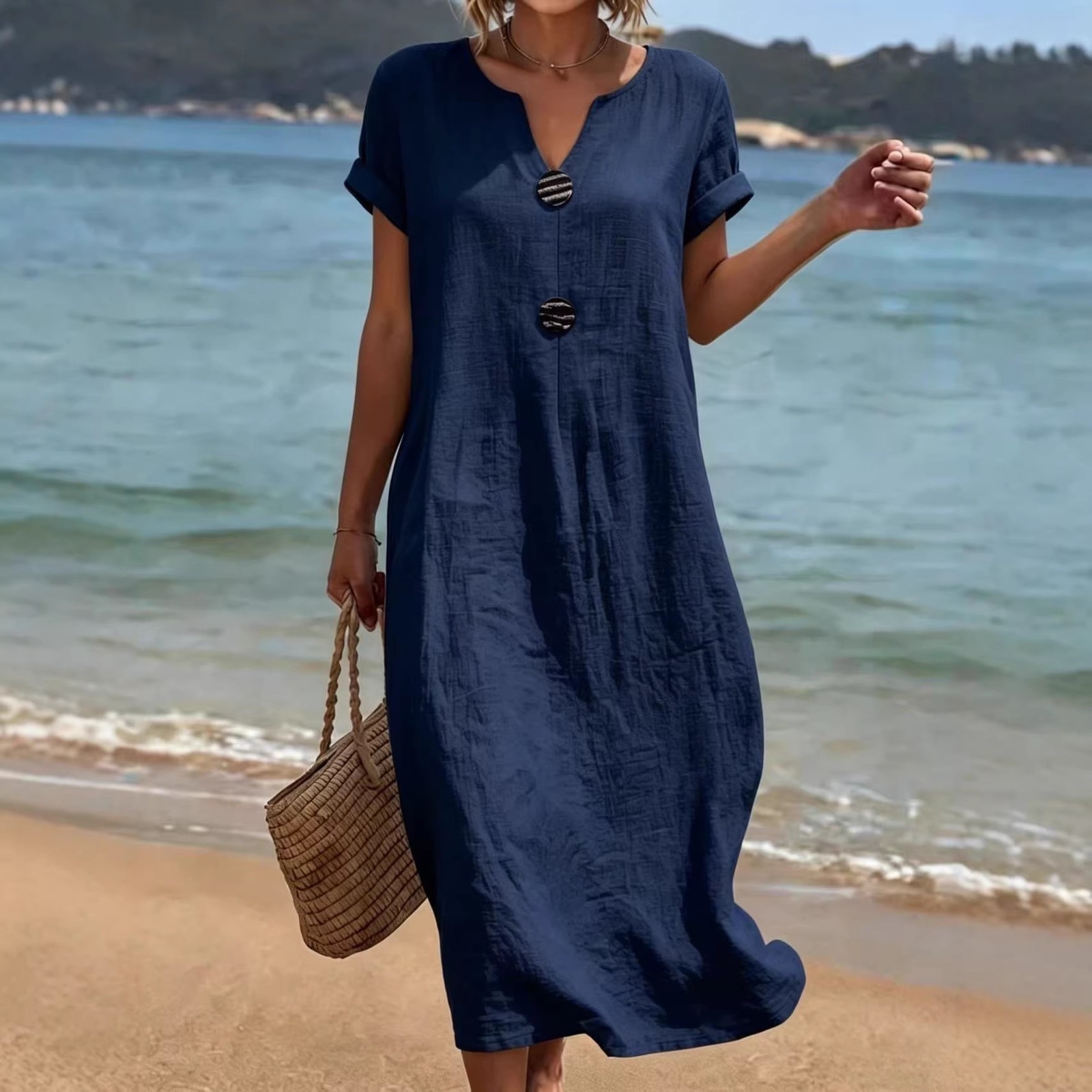 NEW Womens Casual Solid-Color Cotton-Linen Dress Sizes S-3XL