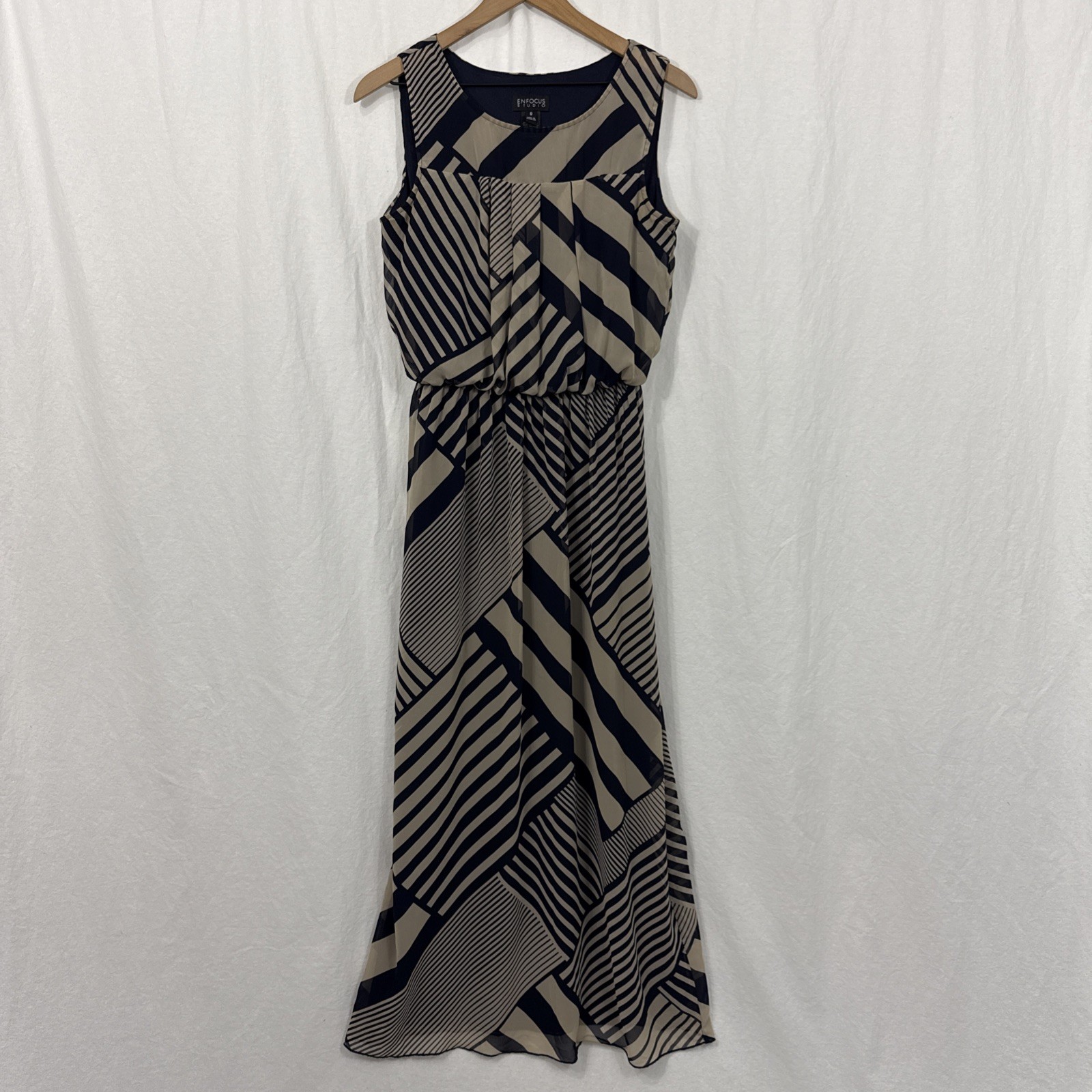 En Focus Studio Women’s Tan-Navy Blue Maxi Sleeveless Long Dress Geo Print Sz 8