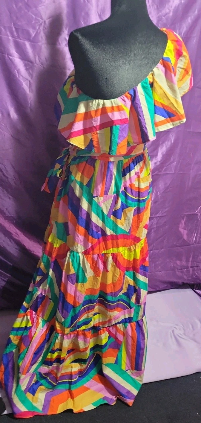 Flying Tomato Rainbow Wave One Shoulder Maxi Dress Multi Tiered Ruffle Belted