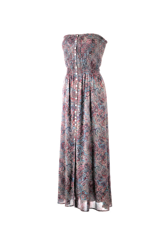 Women’s Strapless Maxi Dress Sz S Paisley Smocked Bodice Button Front Slit Lined