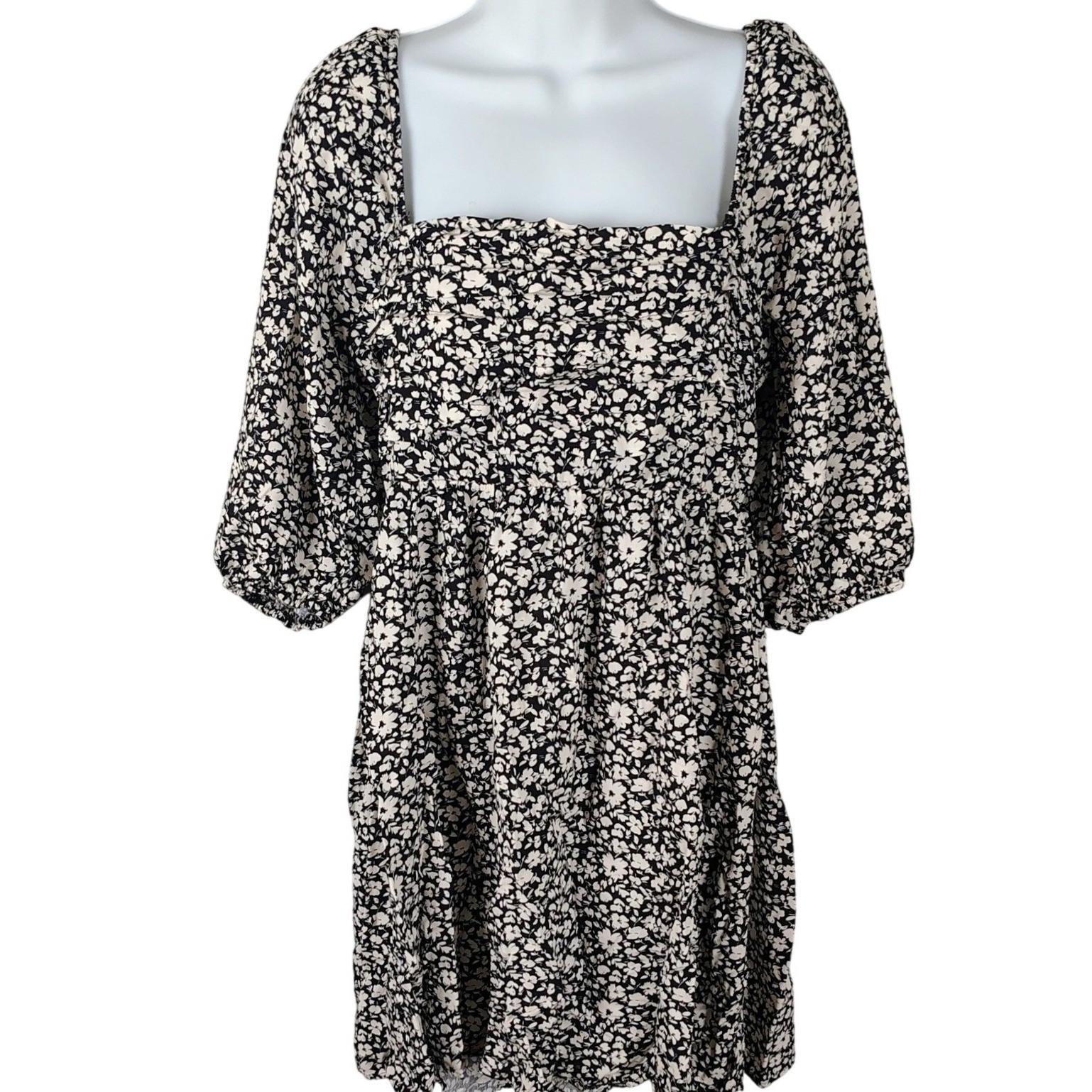 As U Wish Black White Floral Puff Smocked Back Dress XL cottagecore babydoll