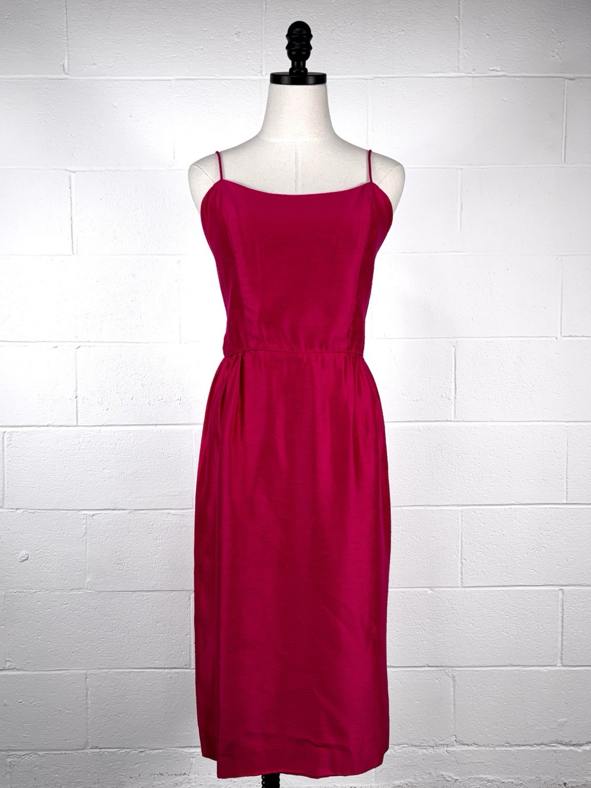 Vintage 60s Hot Pink Cocktail Sheath Dress Silk Dupioni Bombshell Pin-up M 10
