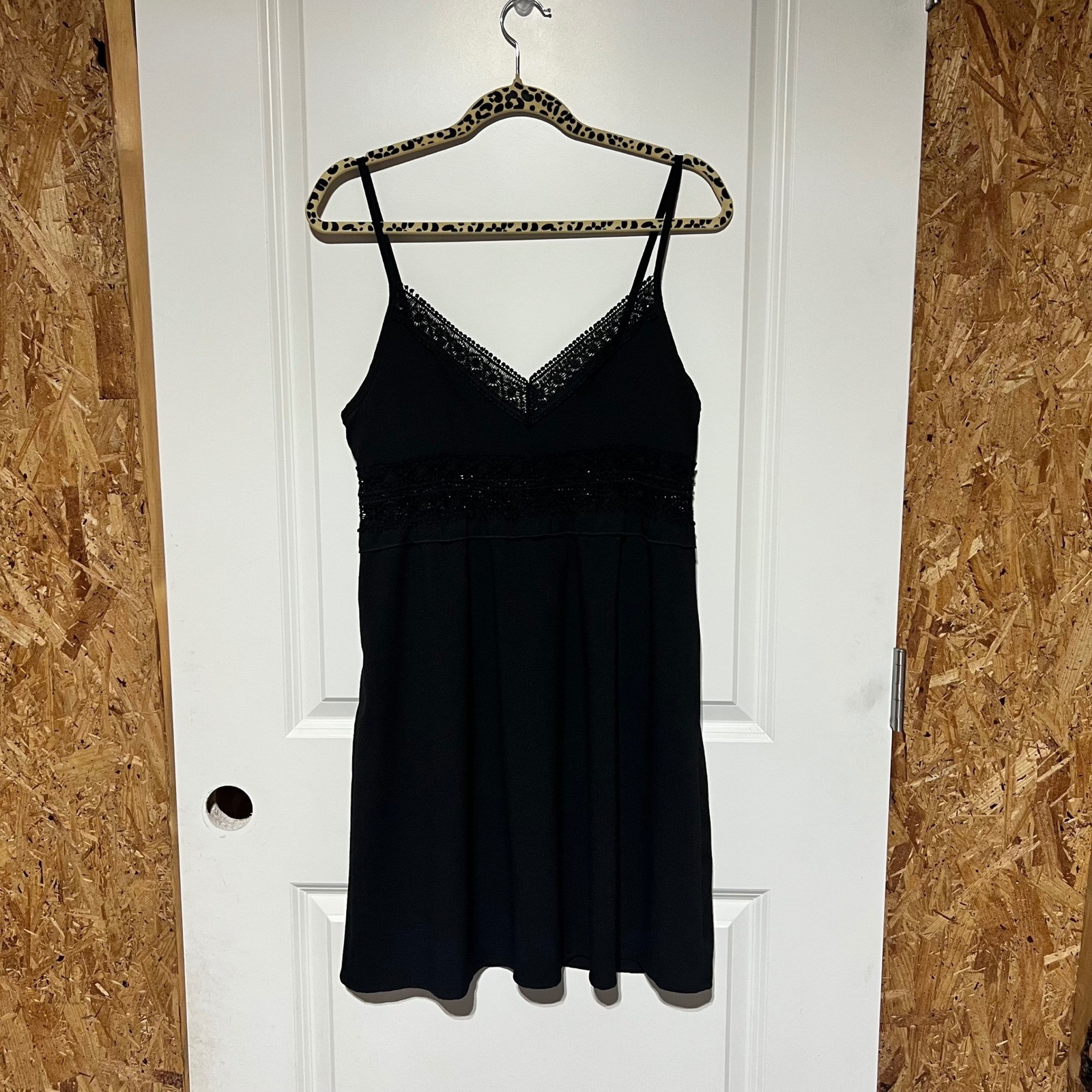 Black Crochet Lace Trim Empire Waist Mini Dress Sleeveless Adjustable Straps M