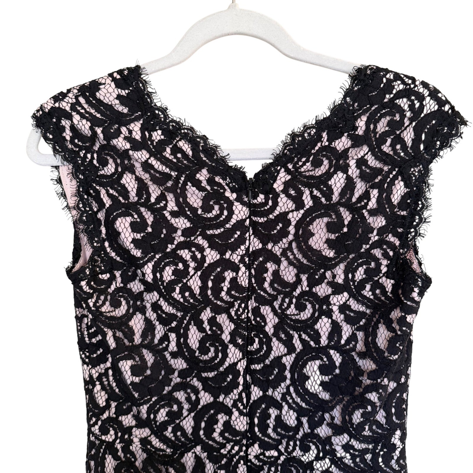 Tadashi Shoji Black Lace V-Neck Full Length Gown Size 6 Cap Sleeve Back Zip