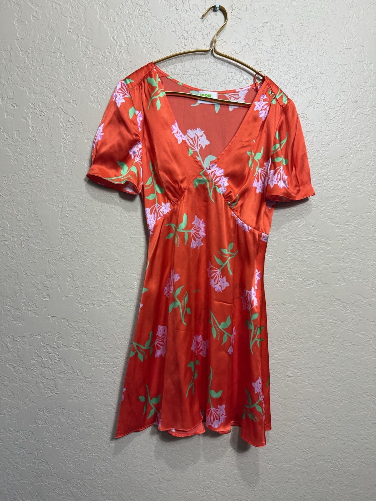 From Future Mini V Neck Flutter Sleeve Floral Print Dress Orange Silk US Size XS