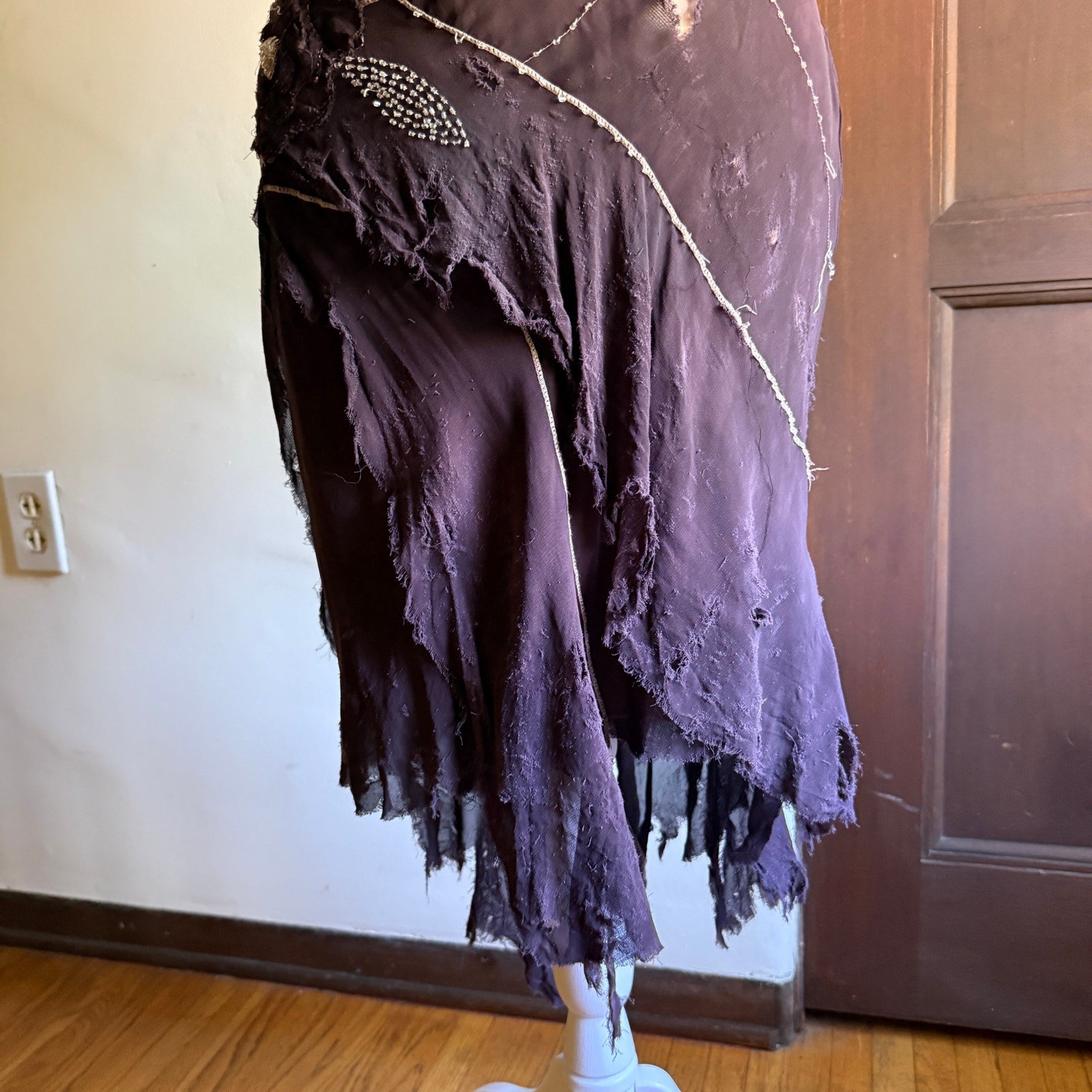90s Vintage Bias Cut Embroidered Purple Handkerchief Hem Shredded Dress Small