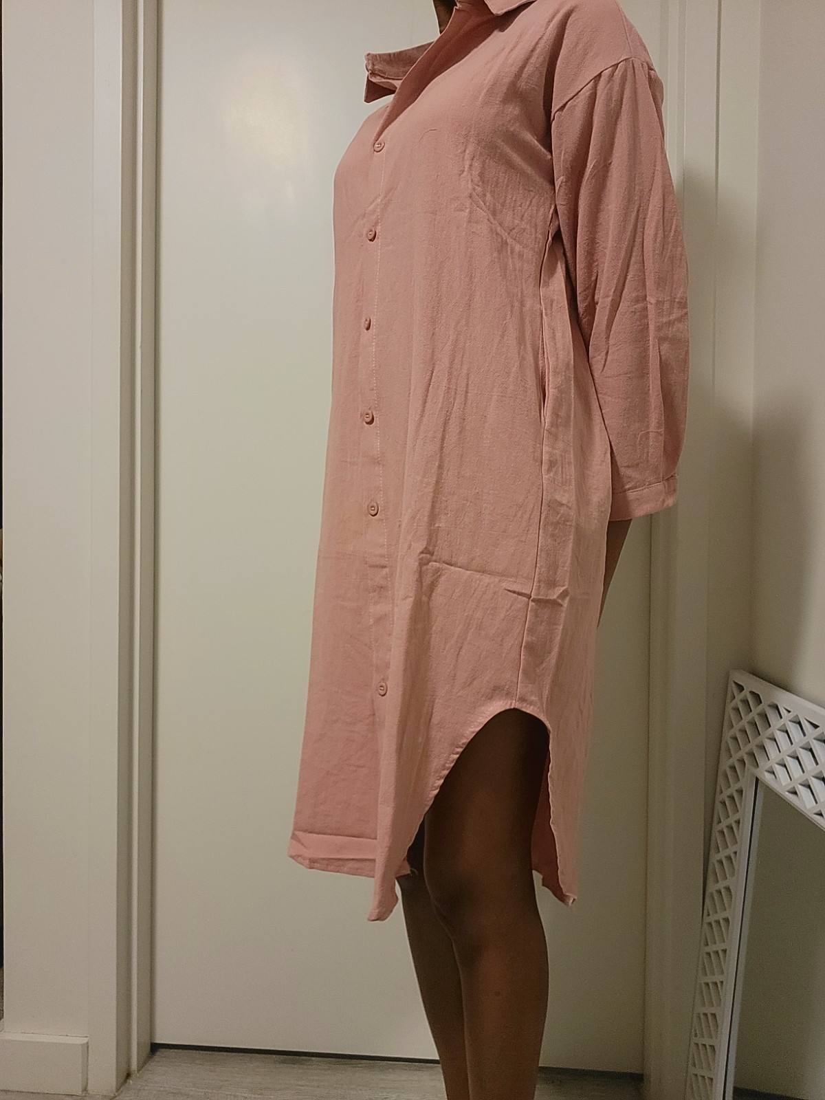 Pink Linen Cotton Shirt Dress: Women’s Knee Length Dress Quarter Sleeve, Medium