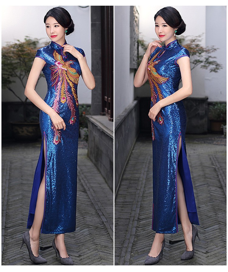 Women Sequined Mandarin Collar High Split Dress Phoenix Embroidered Cheongsam