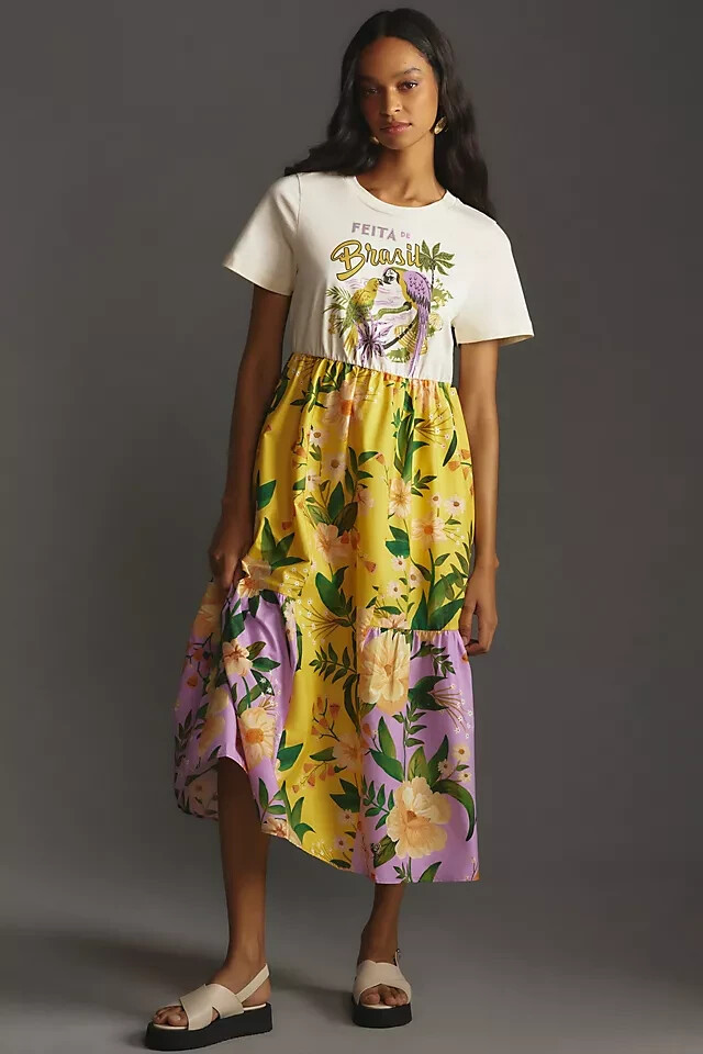 Farm Rio Tiered Tee Dress Anthropologie Mixed Poplin T-Shirt Cotton Brazil L NEW