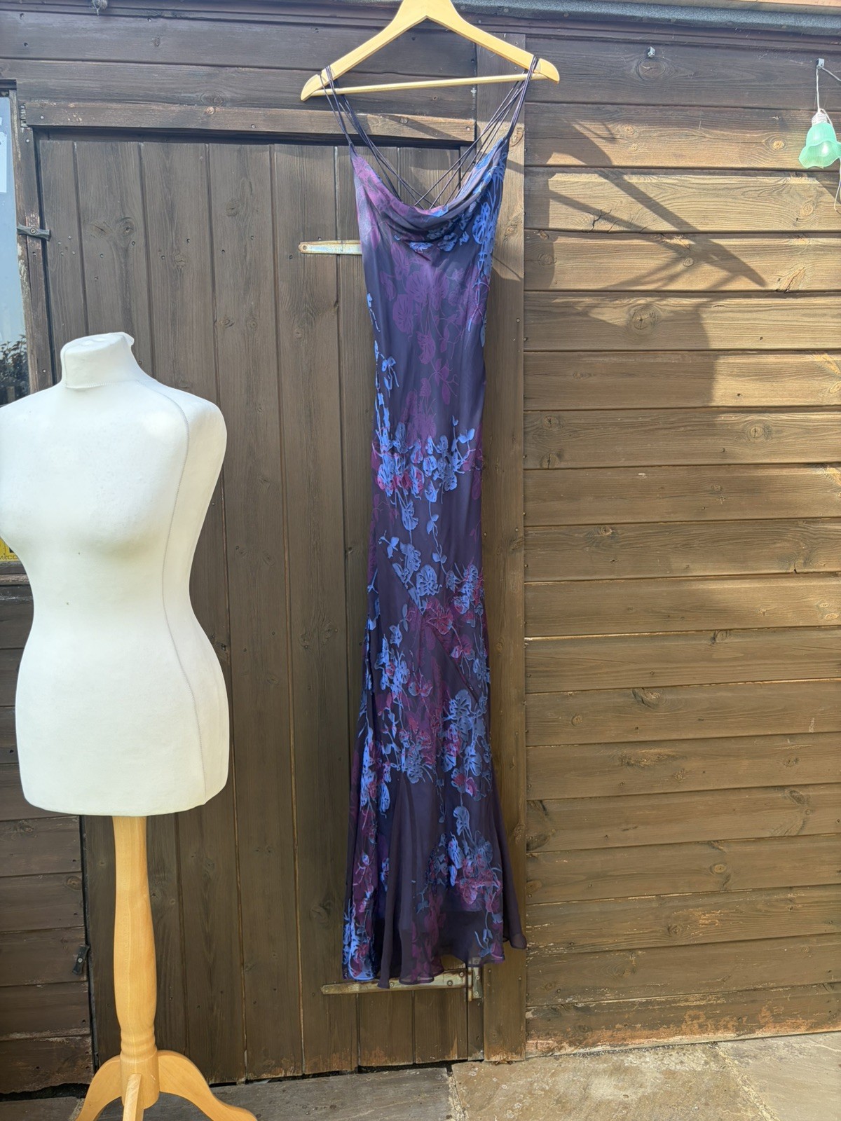 Y2k Monsoon purple blue silk devore cowl neck maxi evening wedding dress size 12