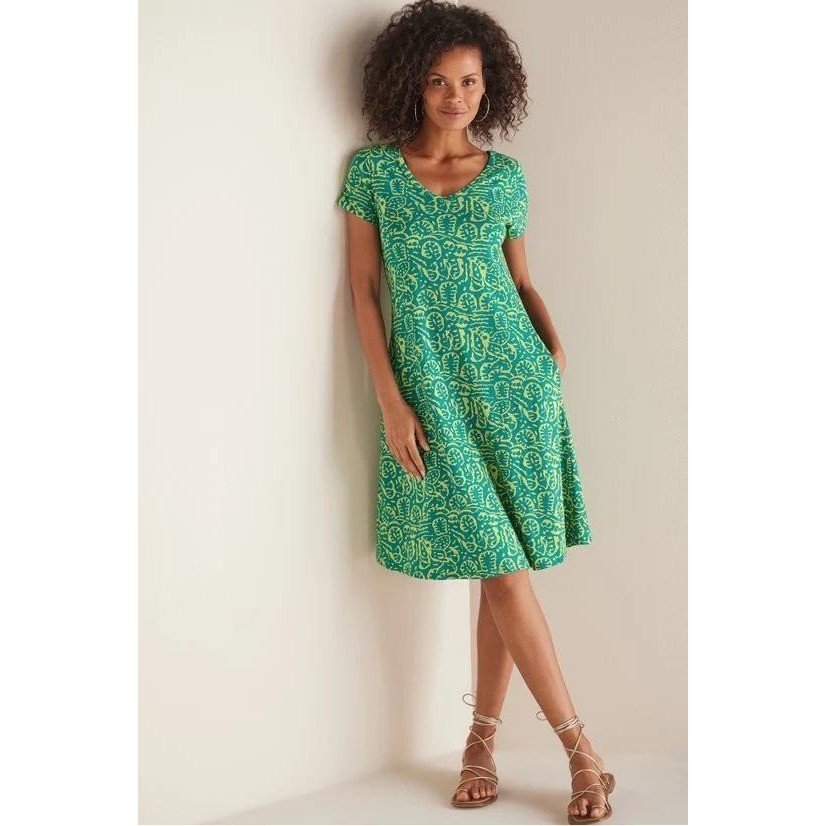 Soft Surroundings Short Santiago Gaia Dress Tropical Green Leaf Print Pocket Med