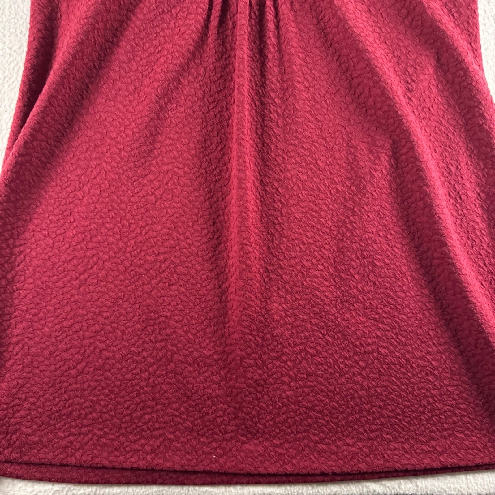Burgundy Textured Cowl Neck Shift Dress Womens L Red Puff Sleeve Pintuck Exc