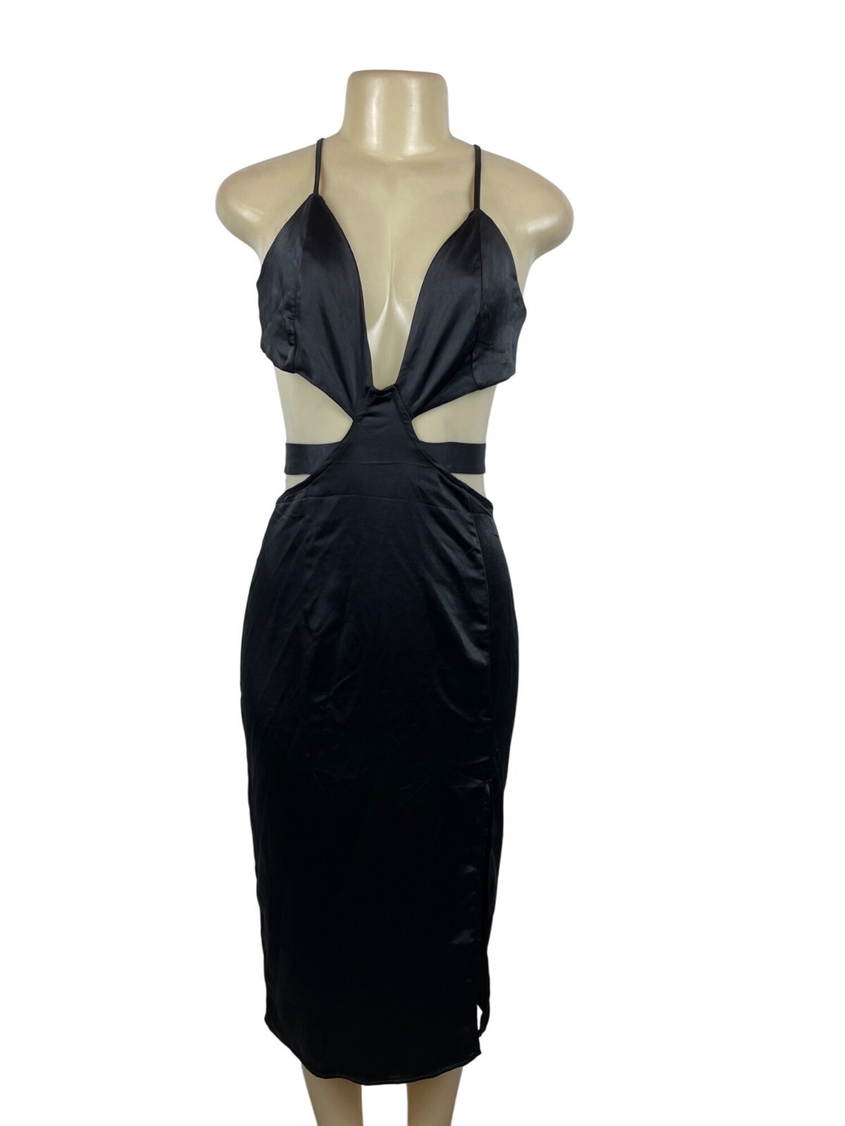 4th & Reckless Women’s Black Satin Cutout Midi Dress Sz M