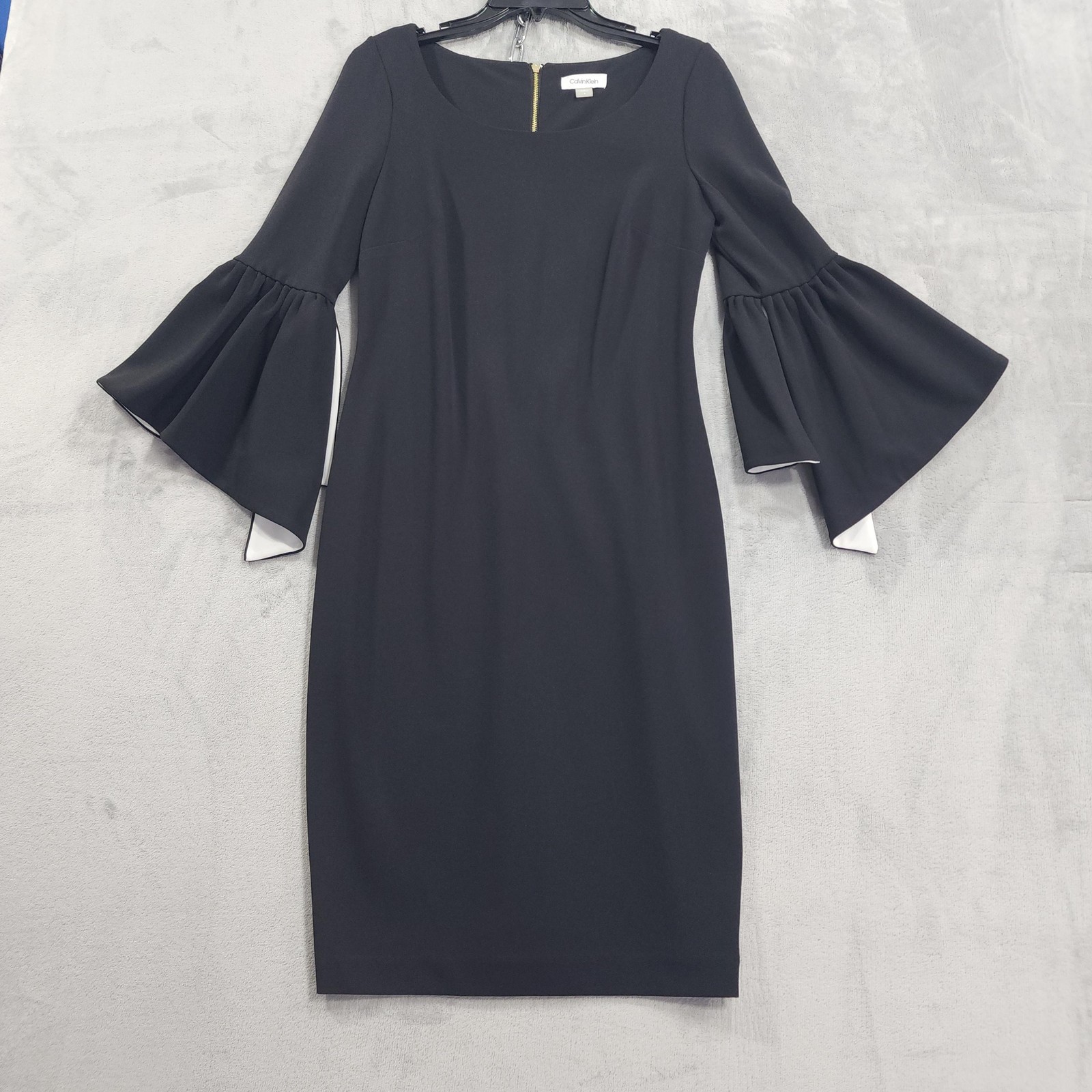 Calvin Klein Dress Womens 6 Black Contrast Bell Sleeve Sheath Back Zip Office