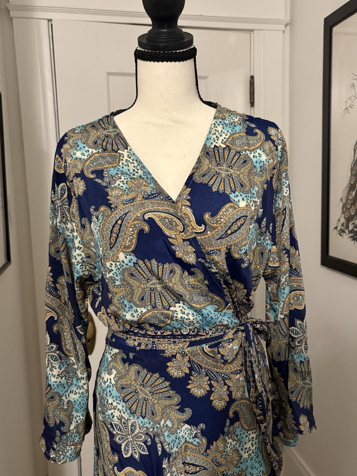 NWT Cienna Mahala Blue Paisley Wrap Maxi Dress Long Sleeve V-Neck Tie Size L