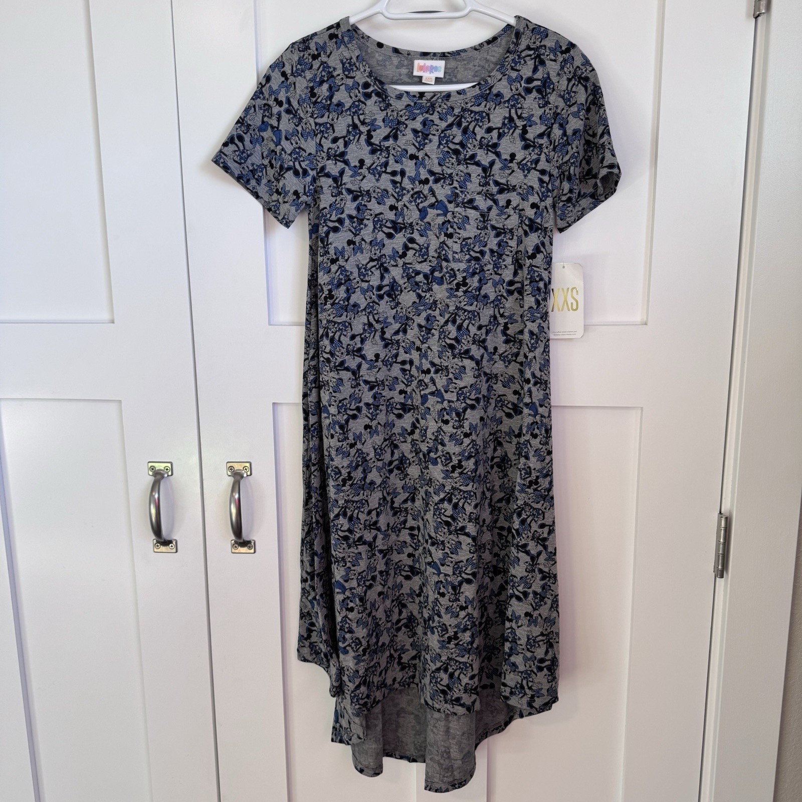 NWT LuLaRoe Carly Disney Minnie Mouse Hi Low Hem Women’s Size XXS Chest Pocket