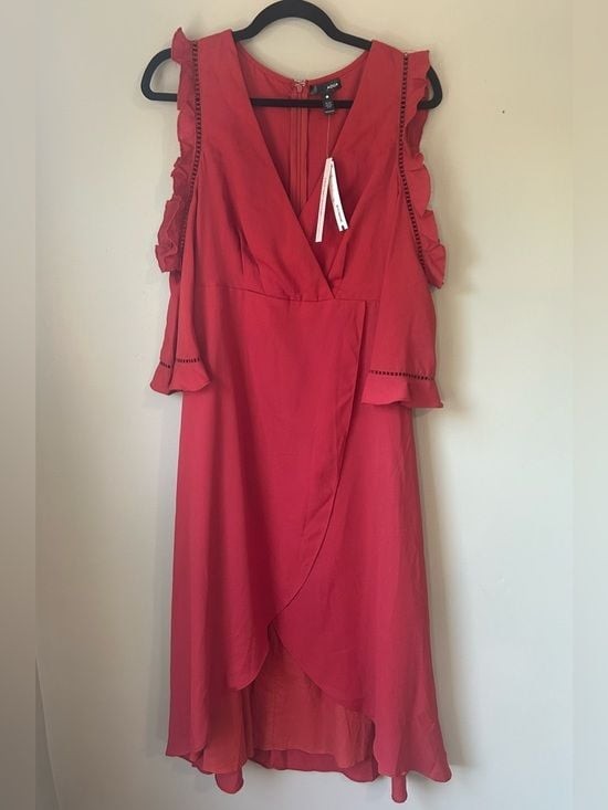 NWT AQUA Ruffle Faux Wrap High Low Midi Dress Rust Size S
