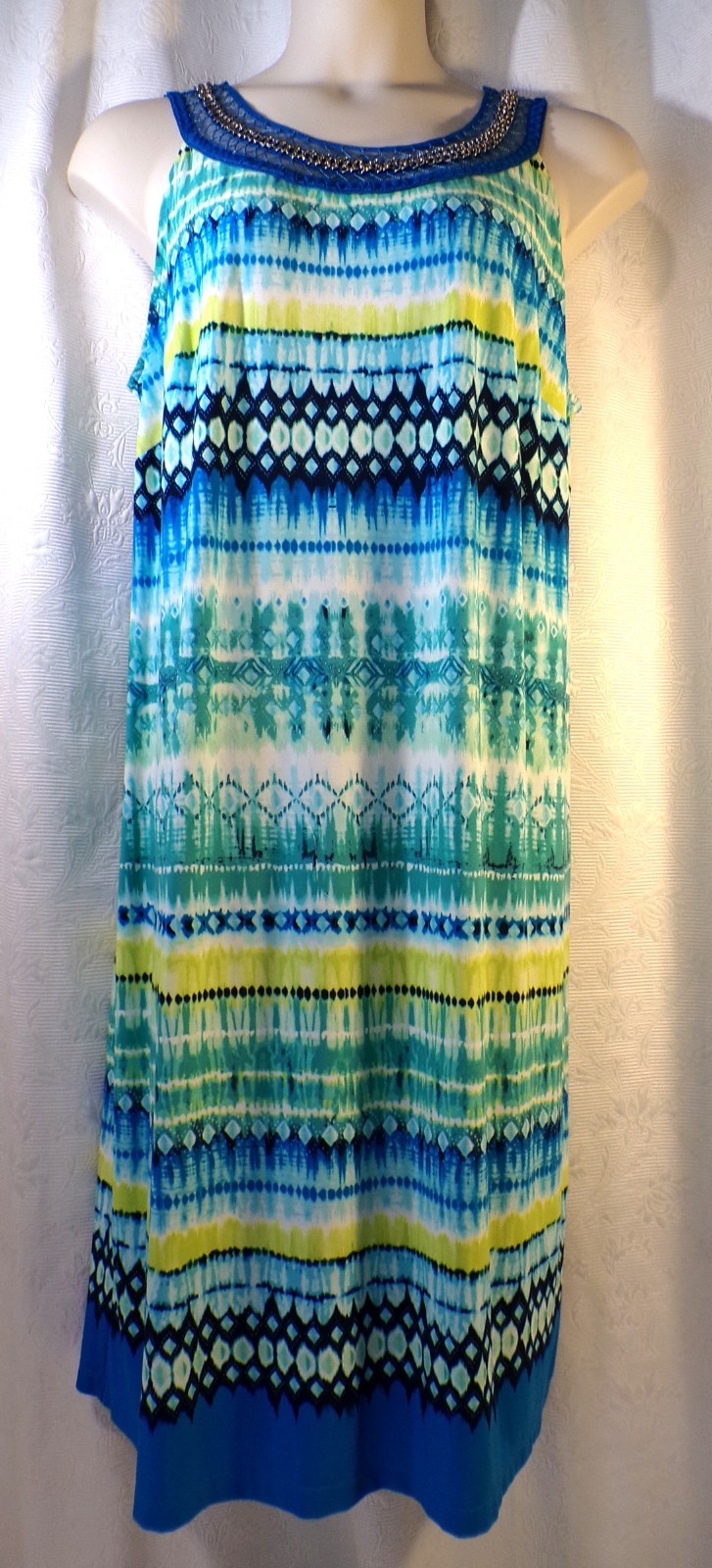 Catherines Blue Green Yellow Stripe Chain Detail Sleeveless Knee Dress Size 1X