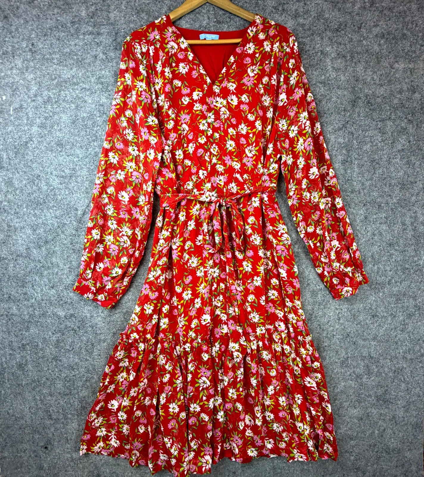 Draper James RSVP Midi Dress Womens 2XL Red Floral Tiered Ruffle Belted Peasant