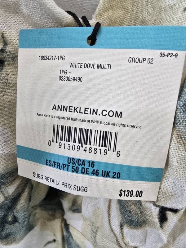 Anne Klein Linen Blend Floral-Print Tie-Waist Dress Women’s 16 White Dove Multi