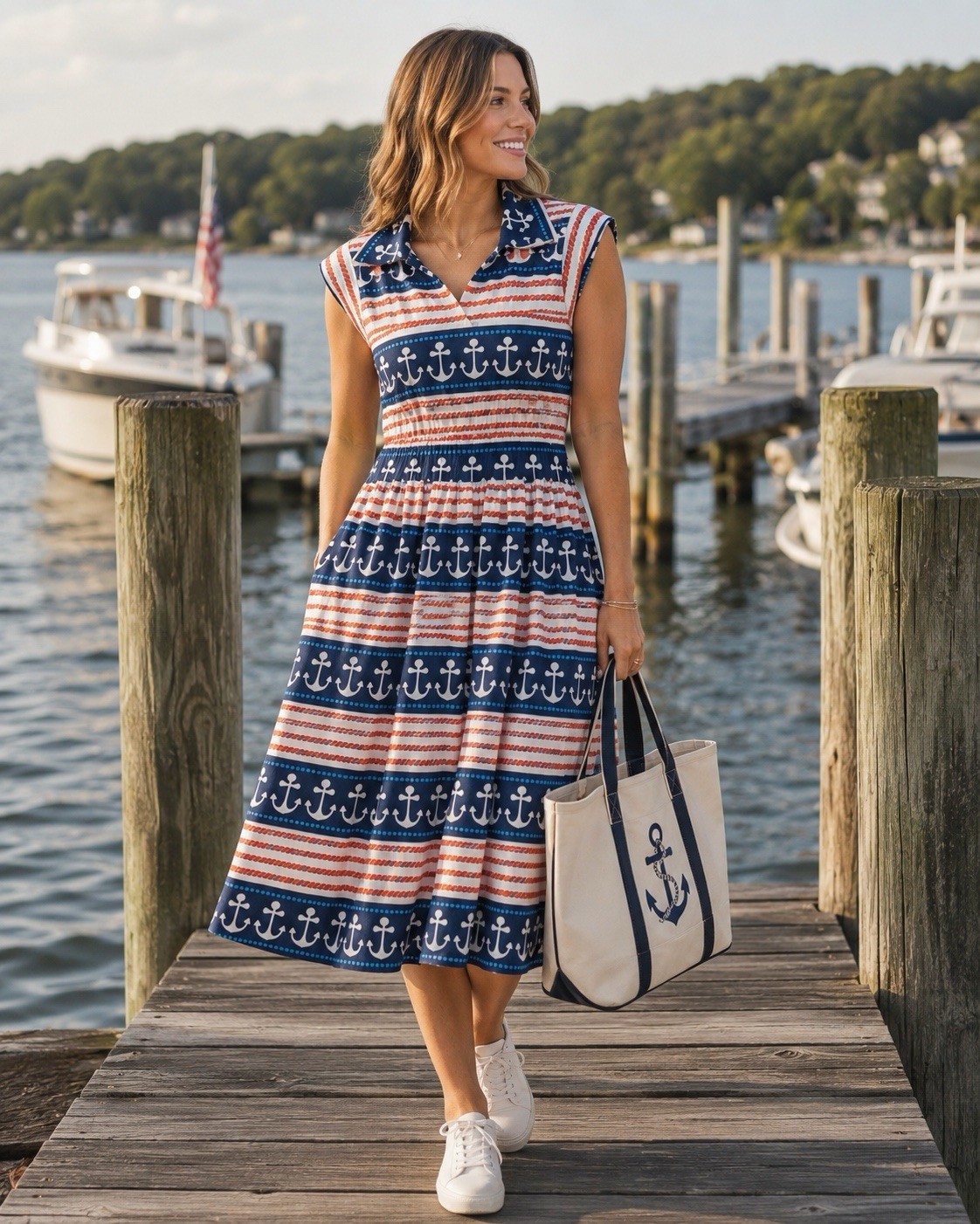 Bernie Dexter Nautical Patriotic Dress Rope And Anchor Print Cotton XS