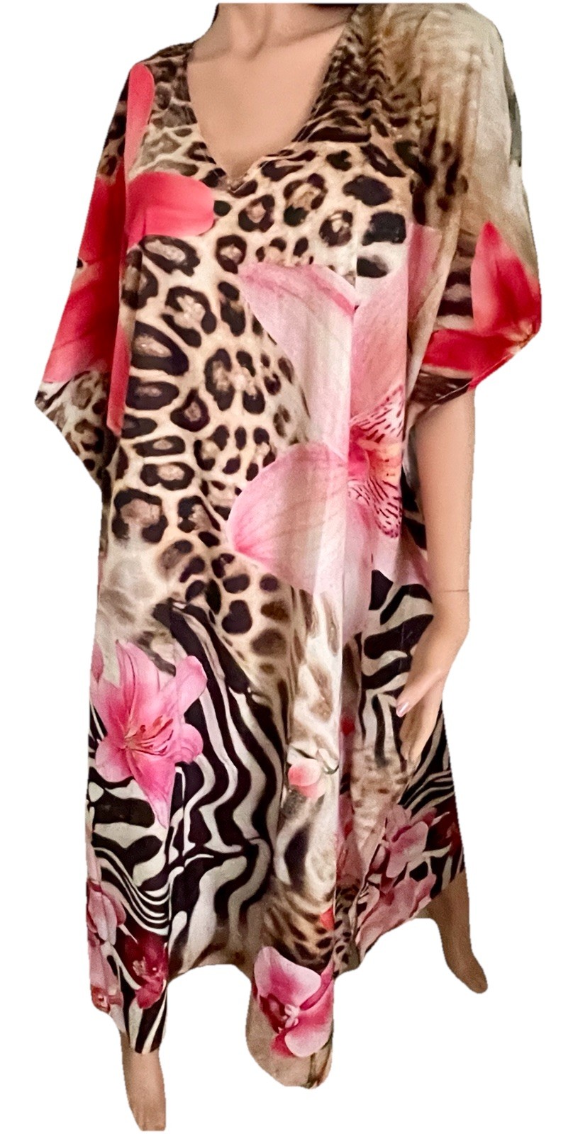 GYPSIE BLU NWT Leopard ZEBRA and TROPICAL FLORAL Digital Print CAFTAN Dress O/S