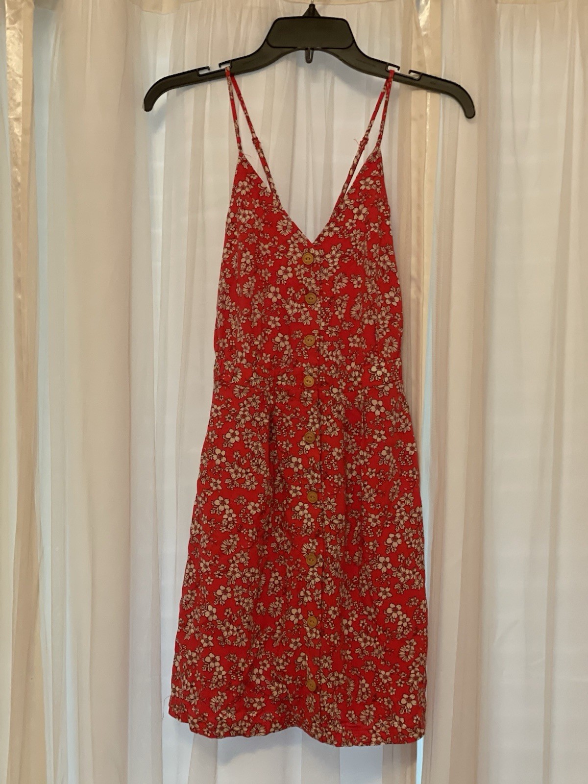 Red Floral Sundress Spaghetti Straps, Size Med Criss Cross Back & Zip Closure