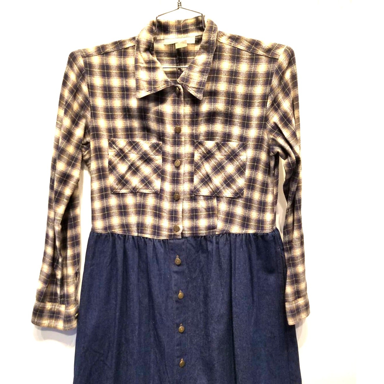 Vintage 90s Western Style Flannel Denim Dress Plaid Check Rodeo Style Size M